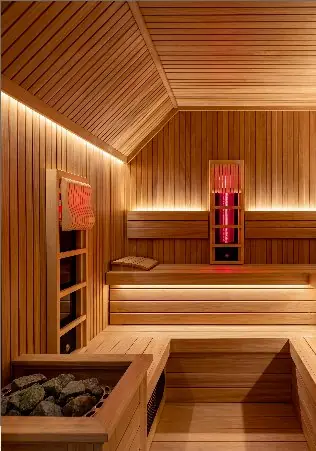 Finnish sauna with red ambient lighting