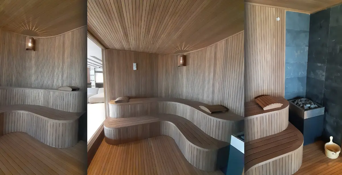 Three-panel view of a sauna with wave-shaped curved benches and a dark corner heater