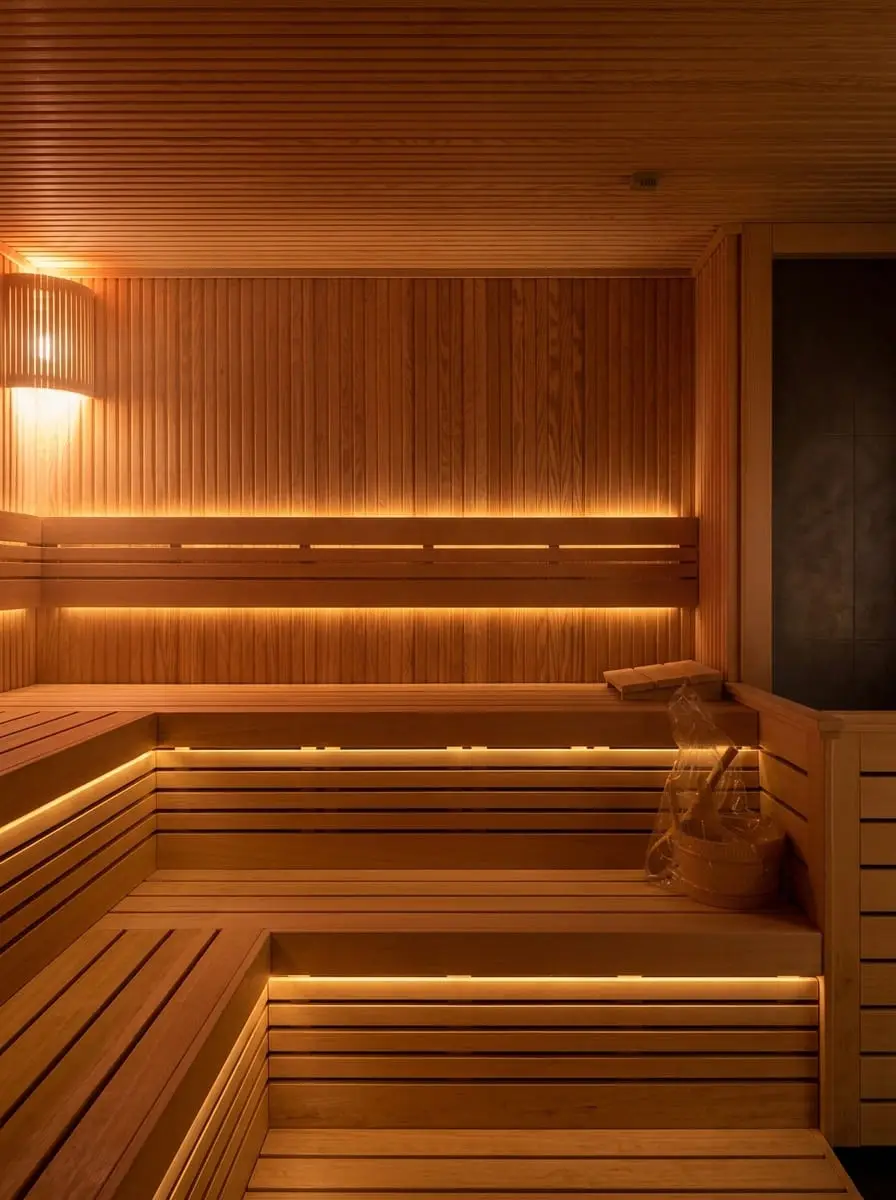 Cedar sauna bench with backrest and headrest at the Concorde Resort Cyprus spa