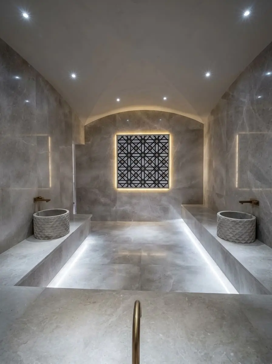 Marble hammam with a backlit black-and-gold lattice panel and two carved kurna basins