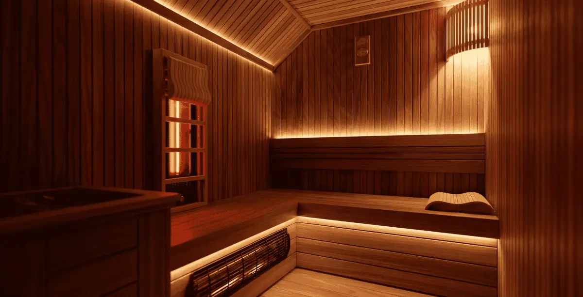 Infrared sauna cabin in a private villa in Dubai with a corner emitter panel and cedar benches